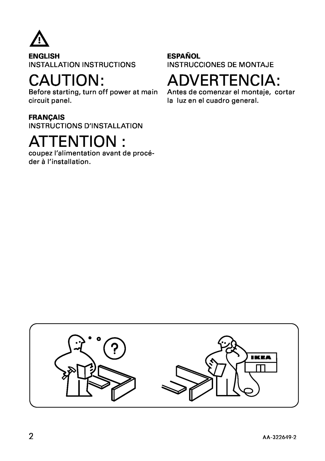 IKEA AA-322649-2 manual Advertencia, English, Español, Installation Instructions, Instrucciones De Montaje, Français 