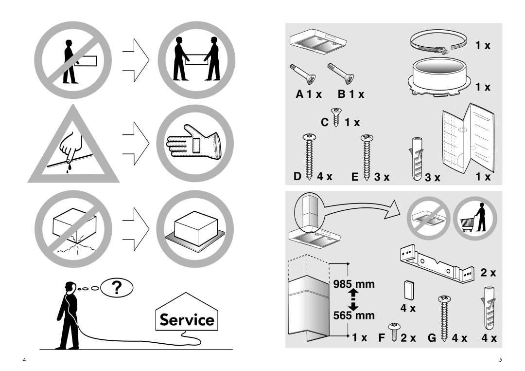 IKEA BF275 manual A 1 x B, C 1, D 4 x E 3, 985 mm, 565 mm, x F 2 x G, Service 