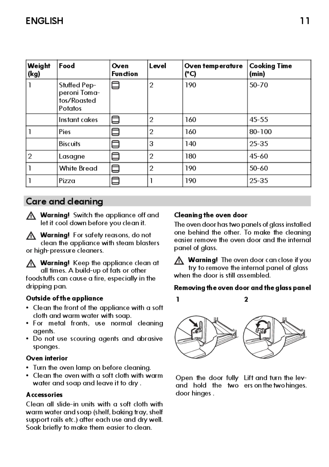 IKEA CG3 manual Care and cleaning, Weight Food kg, Lasagne White Bread Pizza 