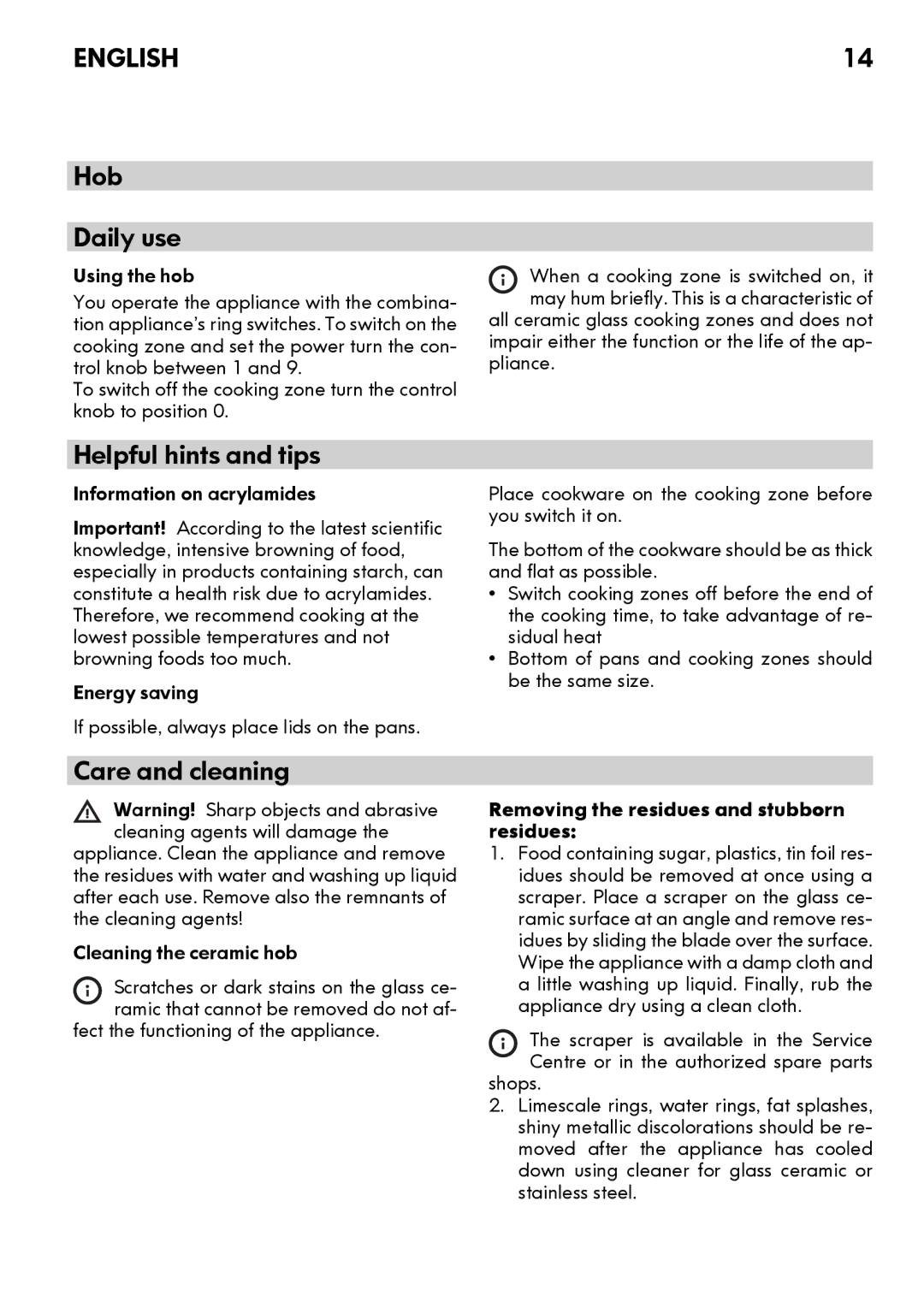 IKEA CG3 manual Hob Daily use, Helpful hints and tips 