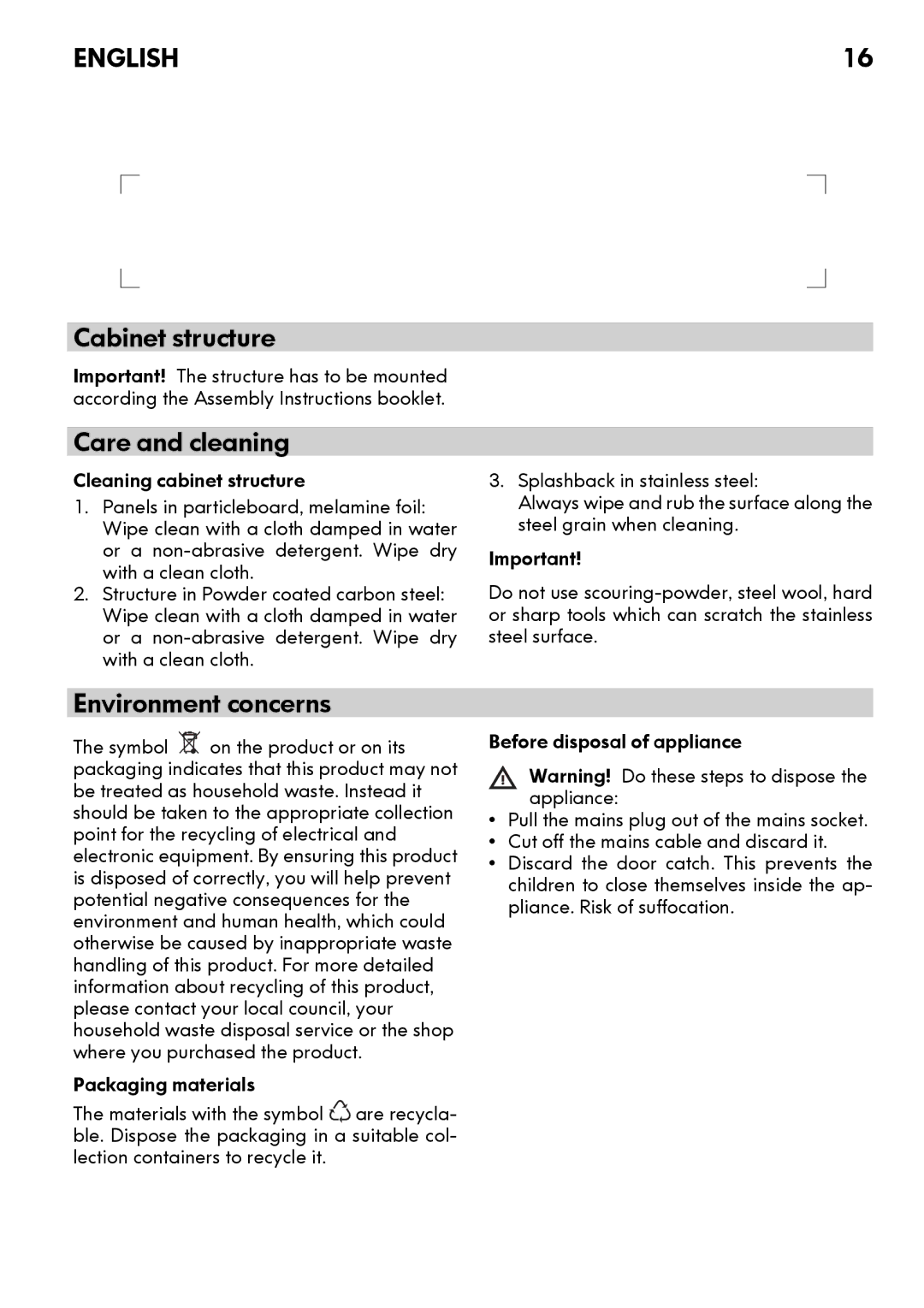 IKEA CG3 manual Cabinet structure, Environment concerns 