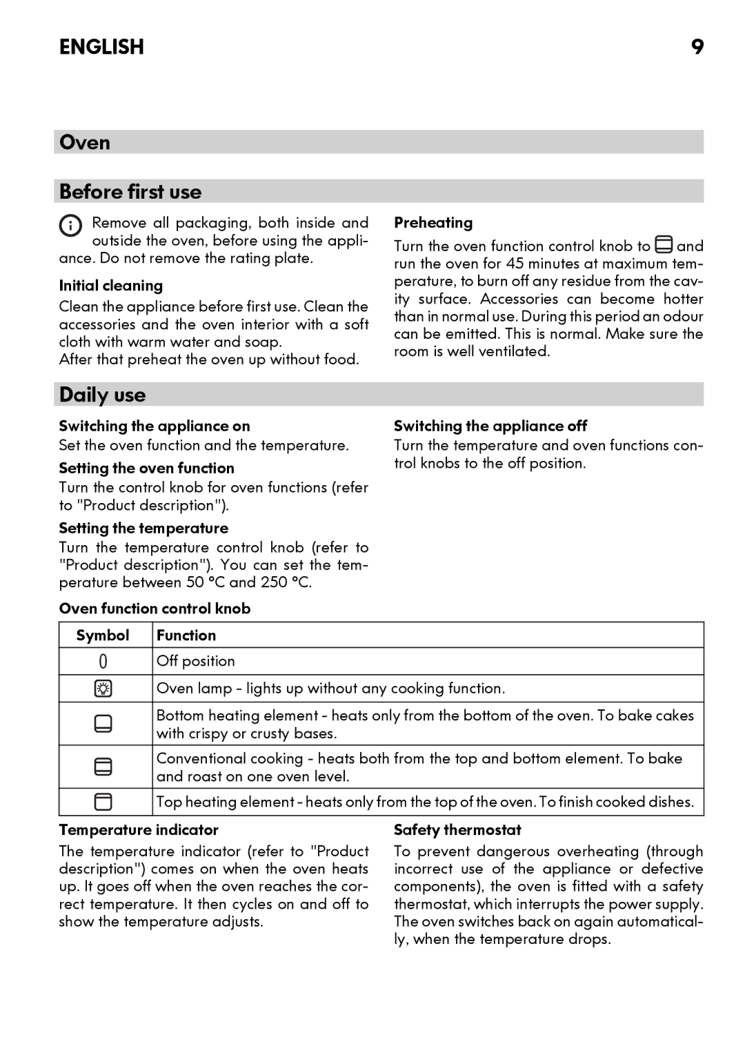 IKEA CG3 manual Oven Before first use, Daily use, Safety thermostat 