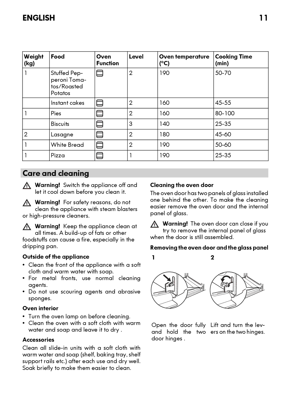 IKEA CG3 manual Care and cleaning, Weight Food kg, Lasagne White Bread Pizza 