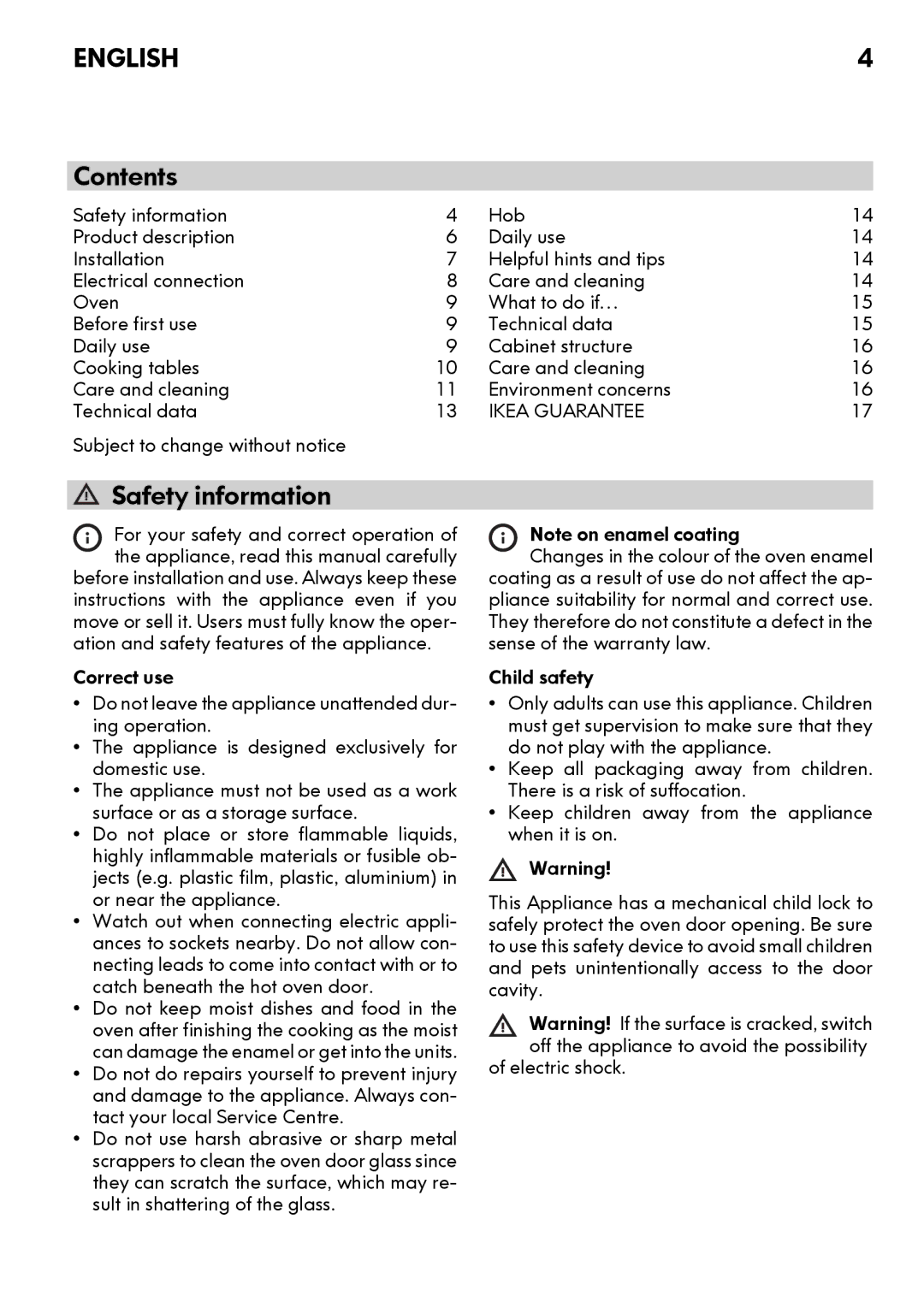 IKEA CG3 manual Contents, Safety information 