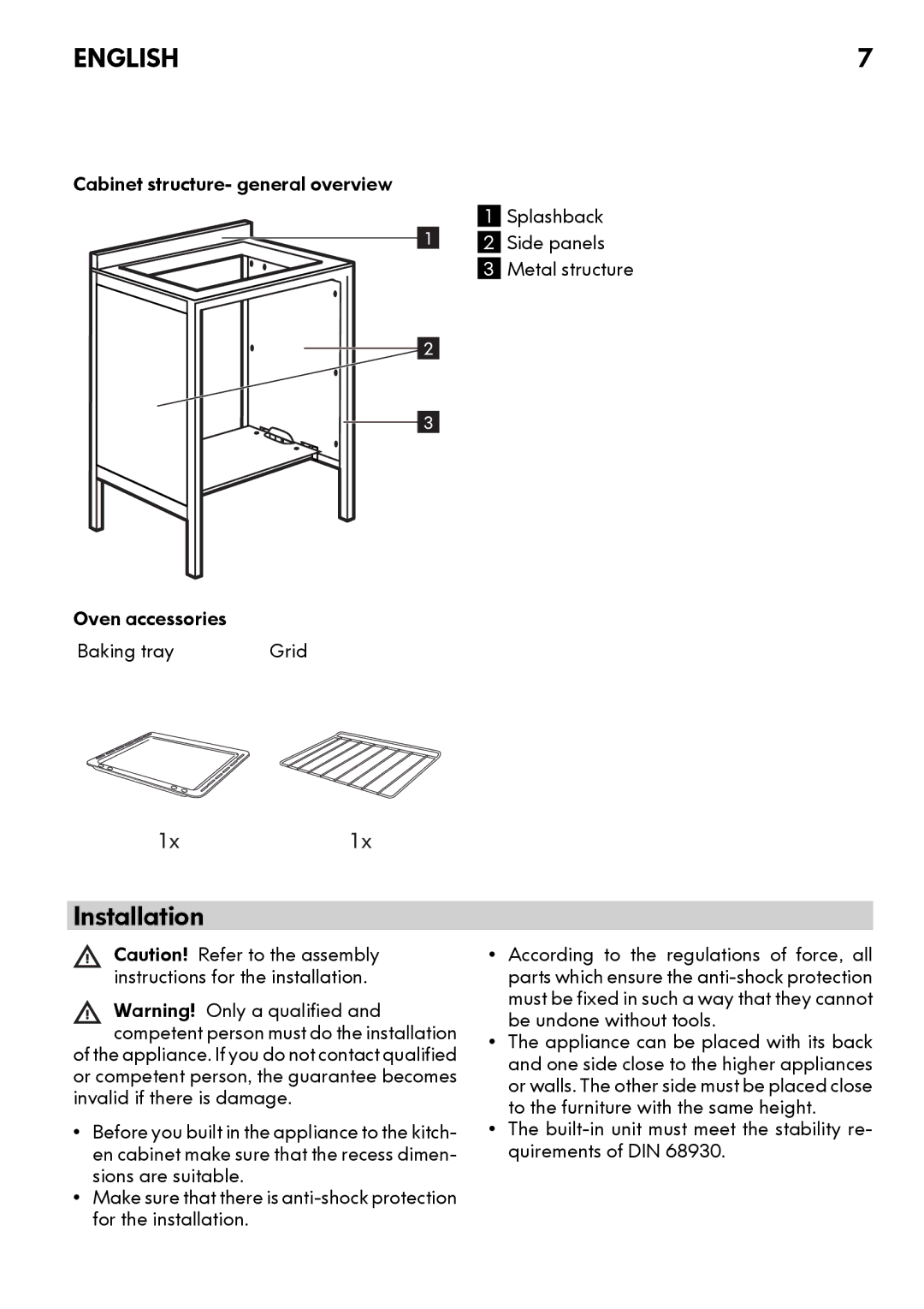 IKEA CG3 manual Installation, Built-in unit must meet the stability re- quirements of DIN 