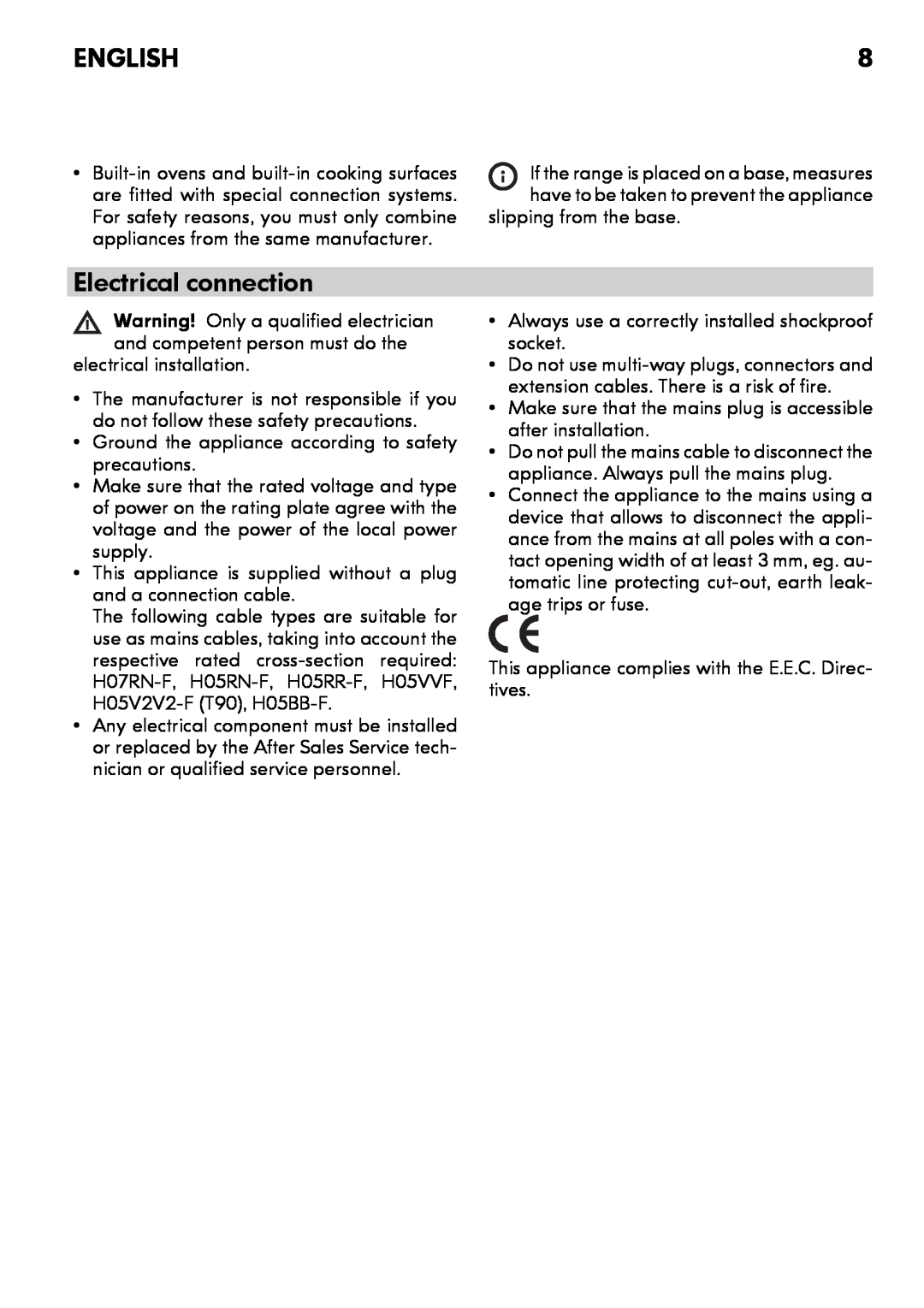 IKEA CG3 manual Electrical connection, English, Warning! Only a qualified electrician 