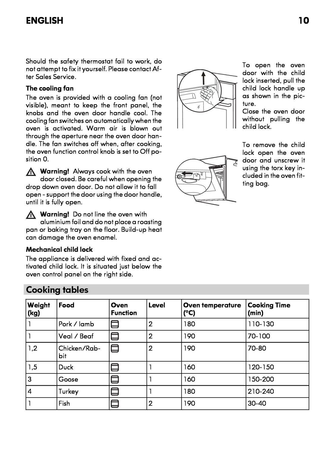 IKEA CG3 manual Cooking tables, English, The cooling fan 