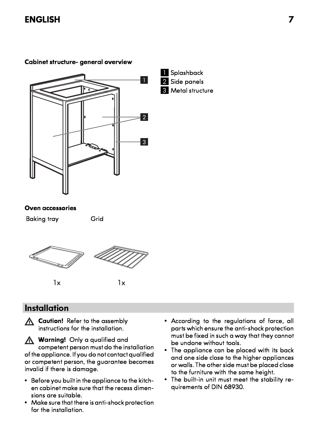 IKEA CG3 manual Installation, English, 1x1x, Cabinet structure- general overview 1 Splashback 1 2 Side panels 