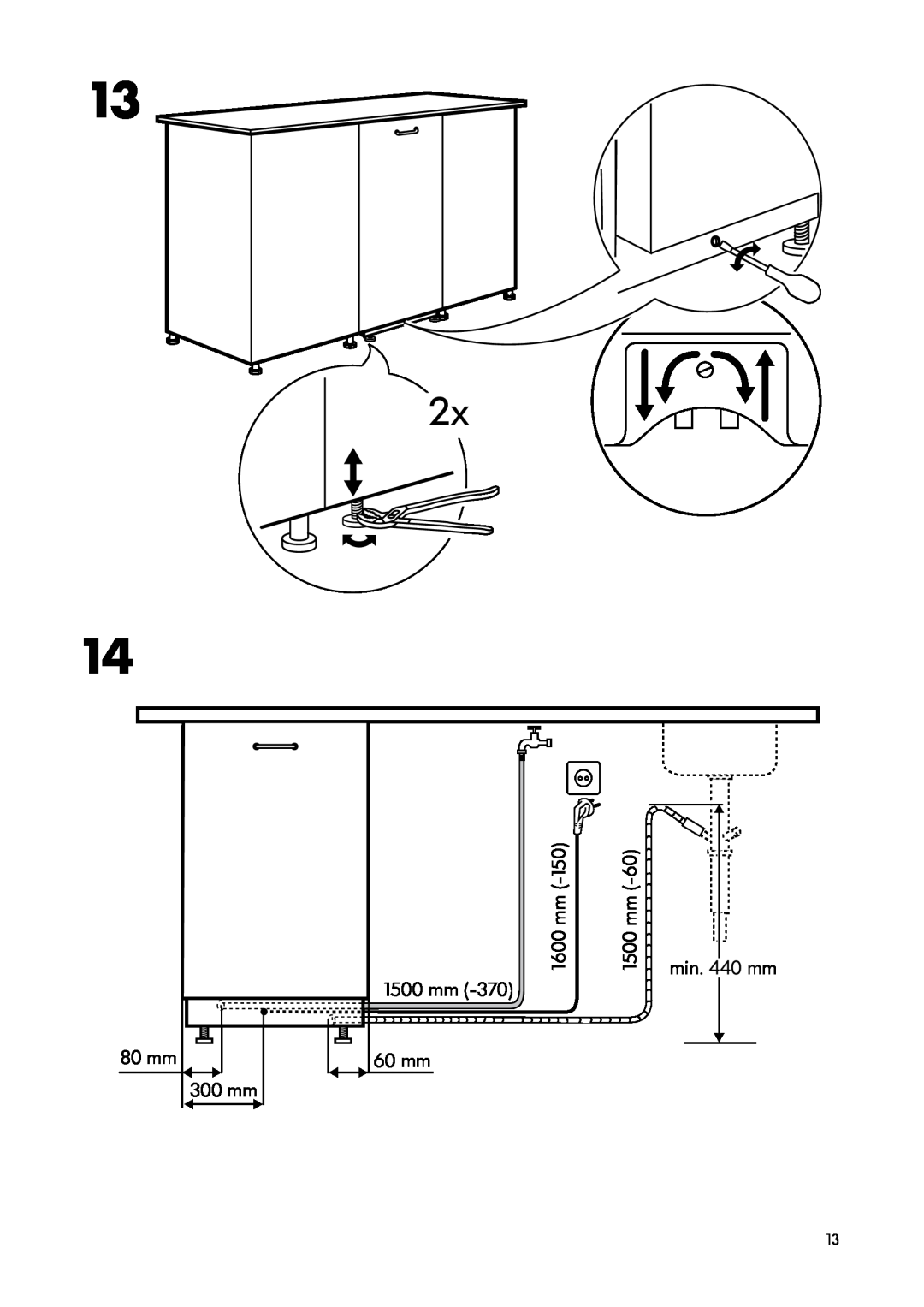 IKEA DW45 manual 80 mm 300 mm, 1500 mm 60 mm, min. 440 mm, 1600 mm 