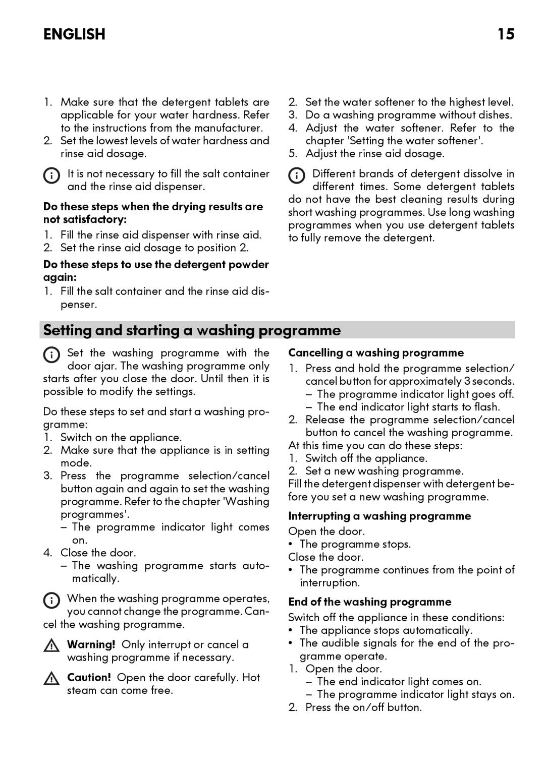 IKEA DW60 manual Setting and starting a washing programme, Cel the washing programme Cancelling a washing programme 