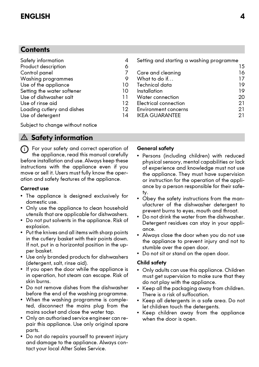 IKEA DW60 manual Contents, Safety information 