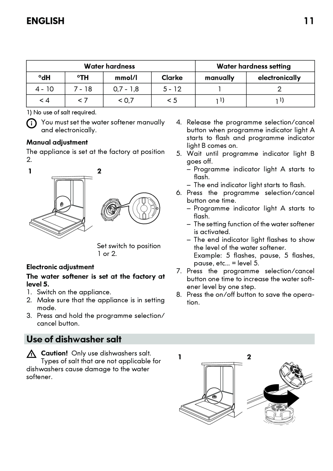 IKEA DW60 manual Use of dishwasher salt, English, No use of salt required 