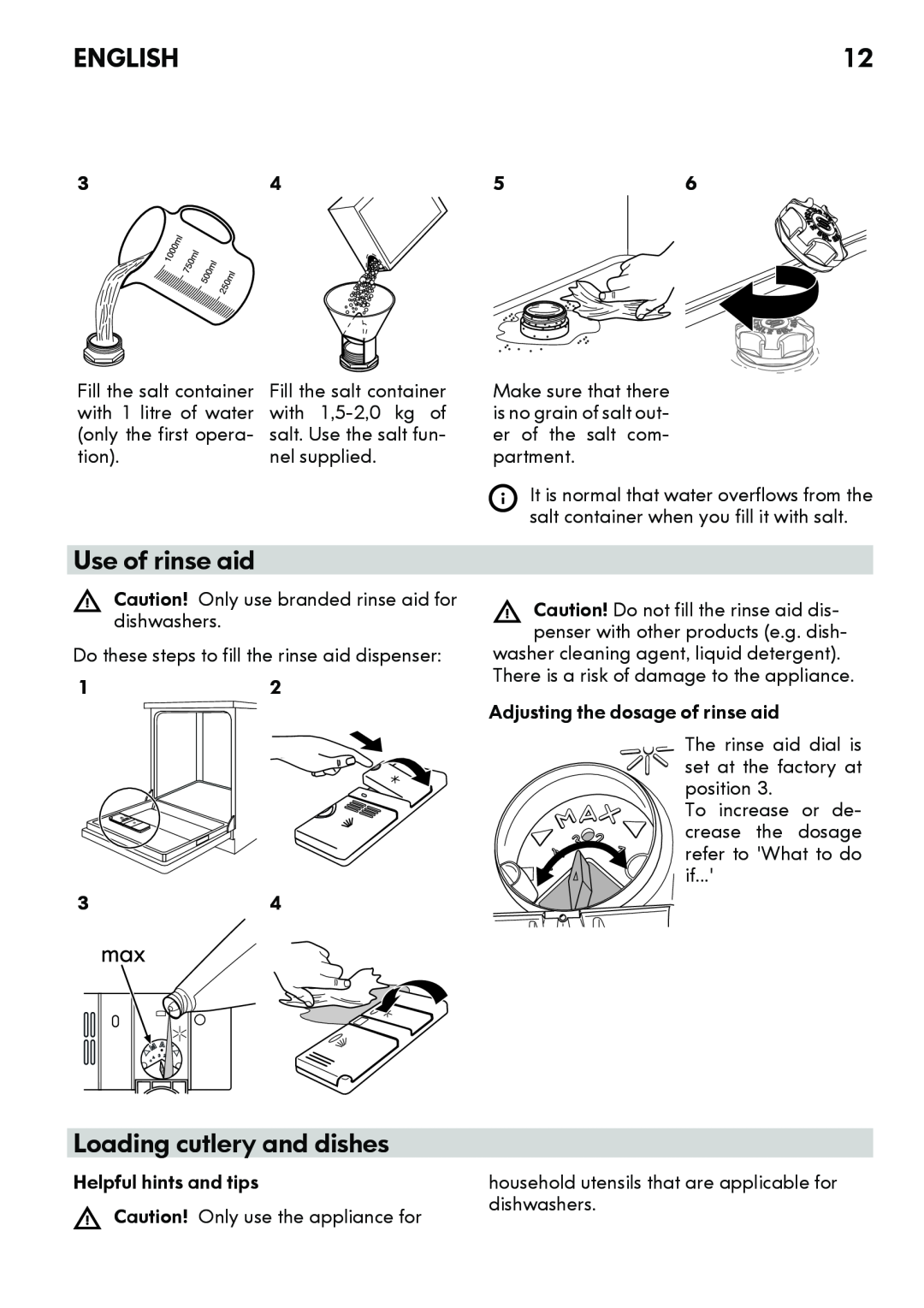 IKEA DW60 manual Use of rinse aid, Loading cutlery and dishes, English, Fill the salt container 