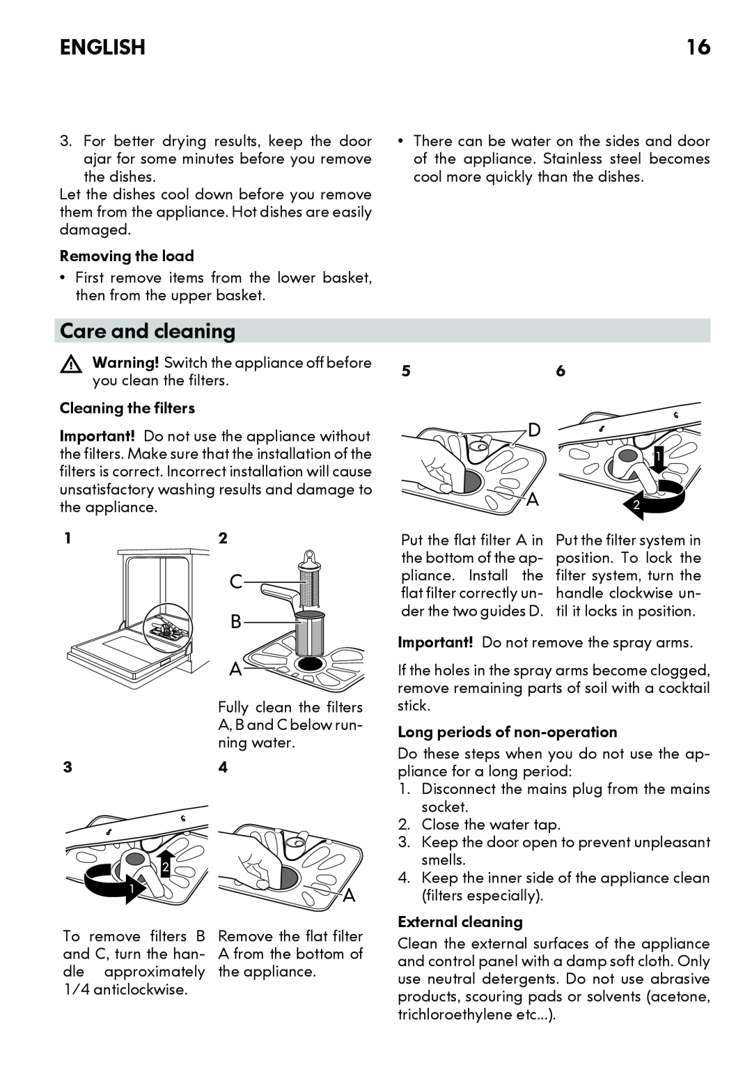 IKEA DW60 manual Care and cleaning, C B A, English, Removing the load 