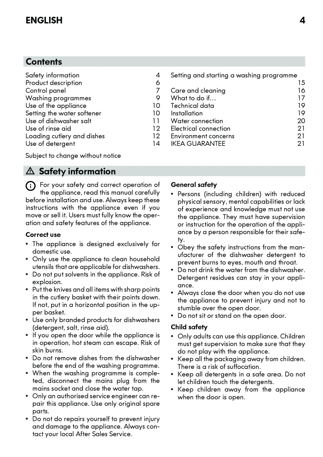 IKEA DW60 manual English, Contents, Safety information 