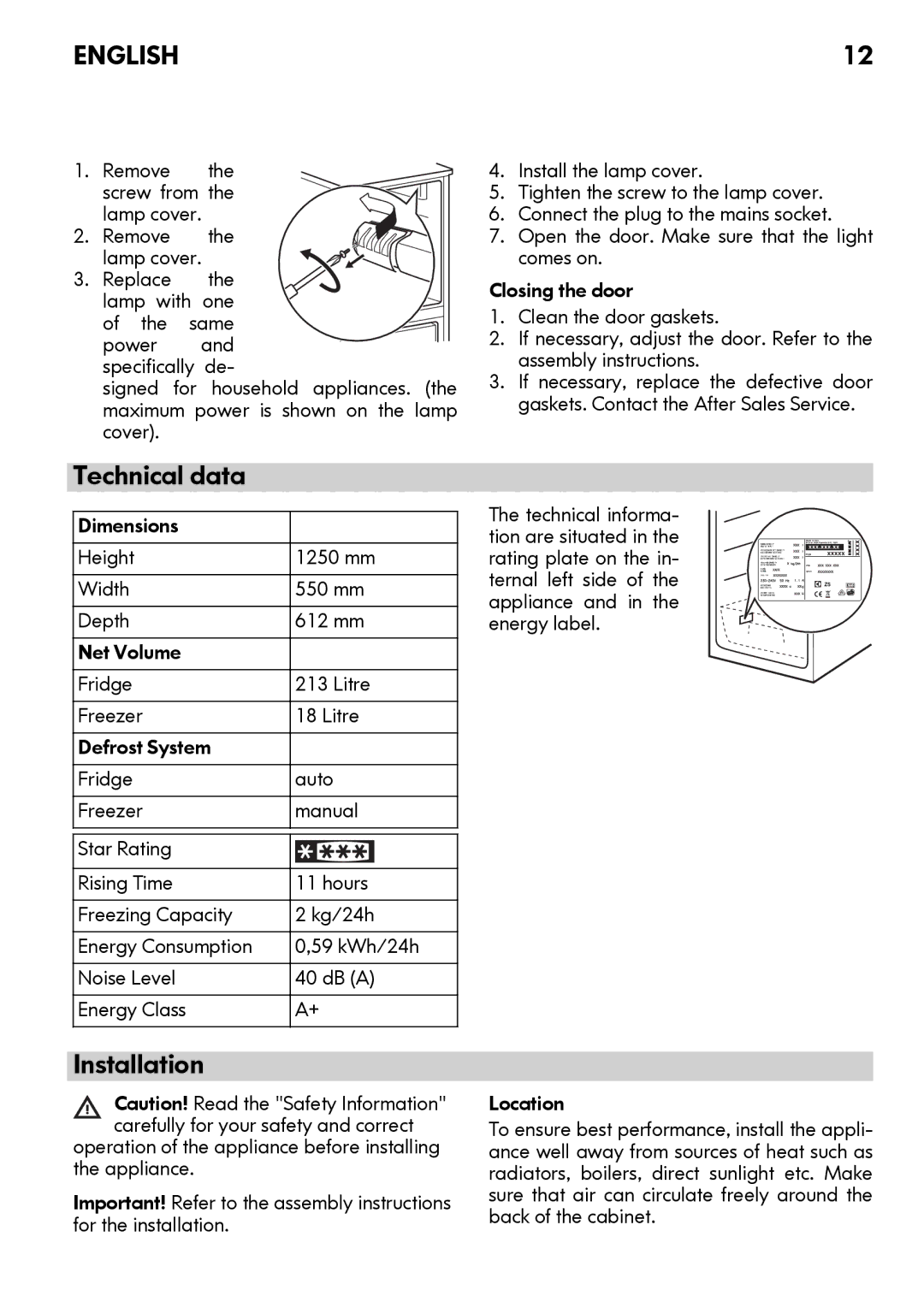 IKEA FC213/18 manual Technical data, Installation 