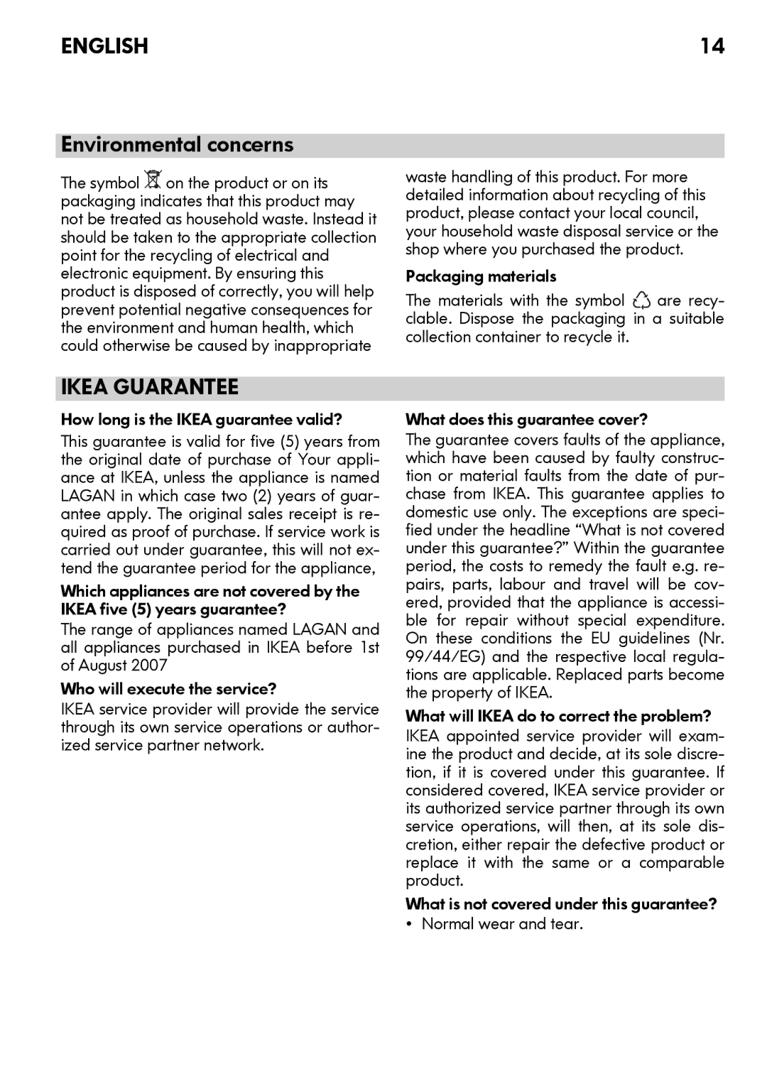 IKEA FC213/18 manual Environmental concerns, How long is the Ikea guarantee valid? 