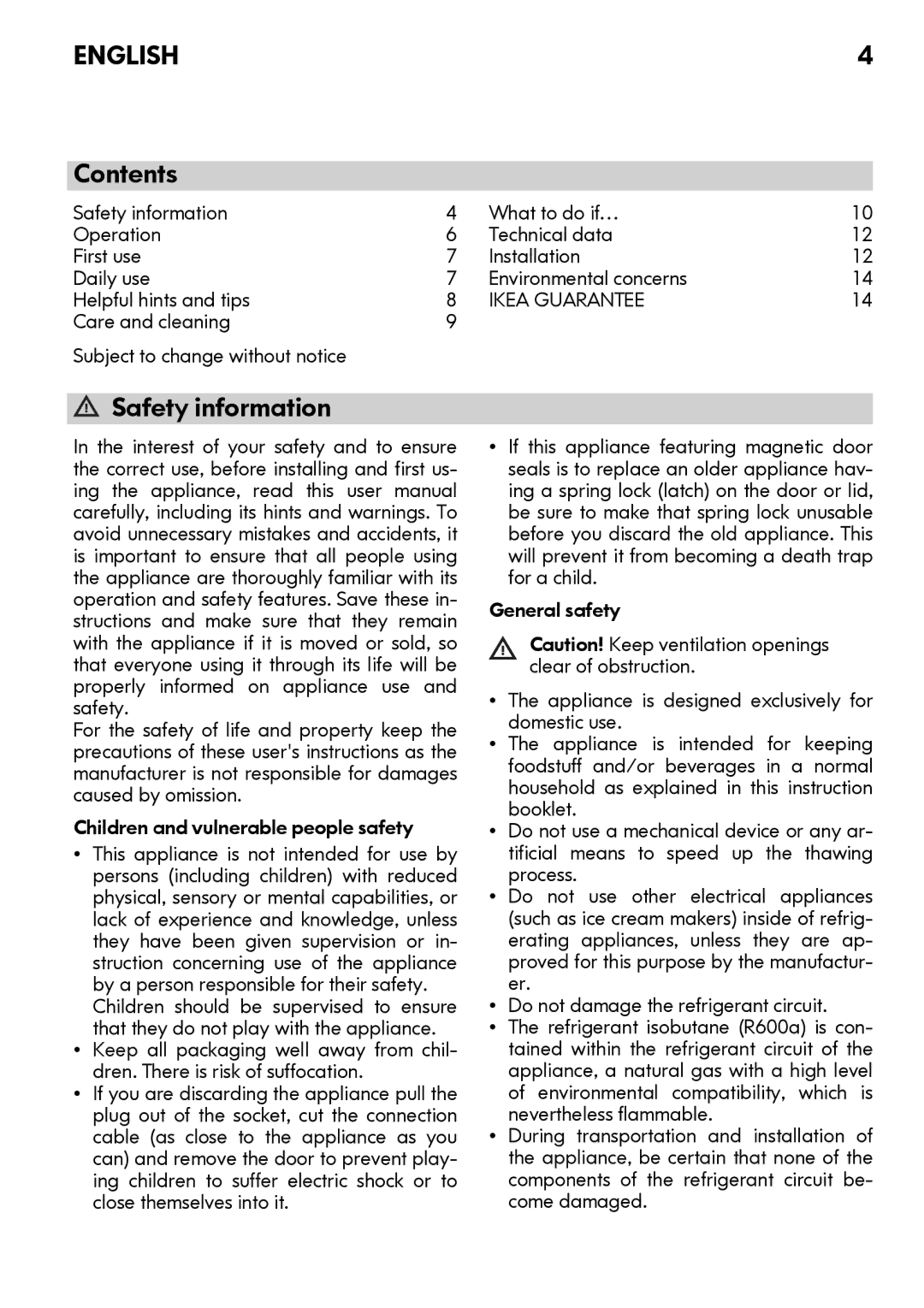 IKEA FC213/18 manual Contents, Safety information 