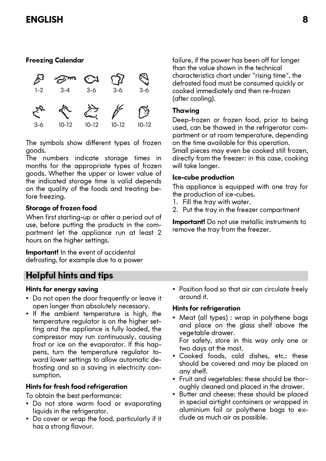 IKEA FC213/18 manual Helpful hints and tips, Freezing Calendar, Hints for energy saving 