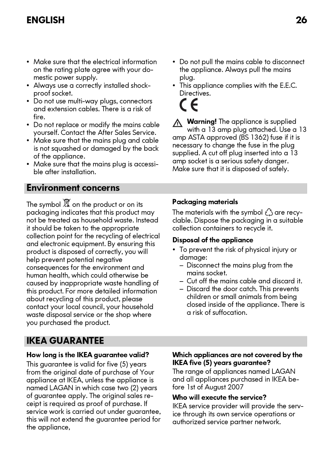 IKEA FWM7 manual Environment concerns, Packaging materials 