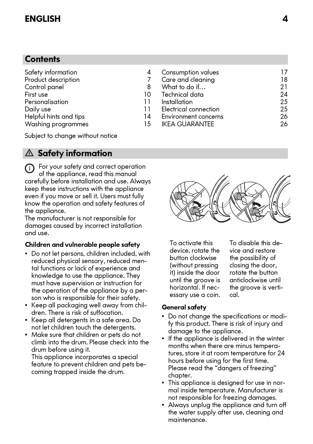 IKEA FWM7 manual Contents, Safety information 