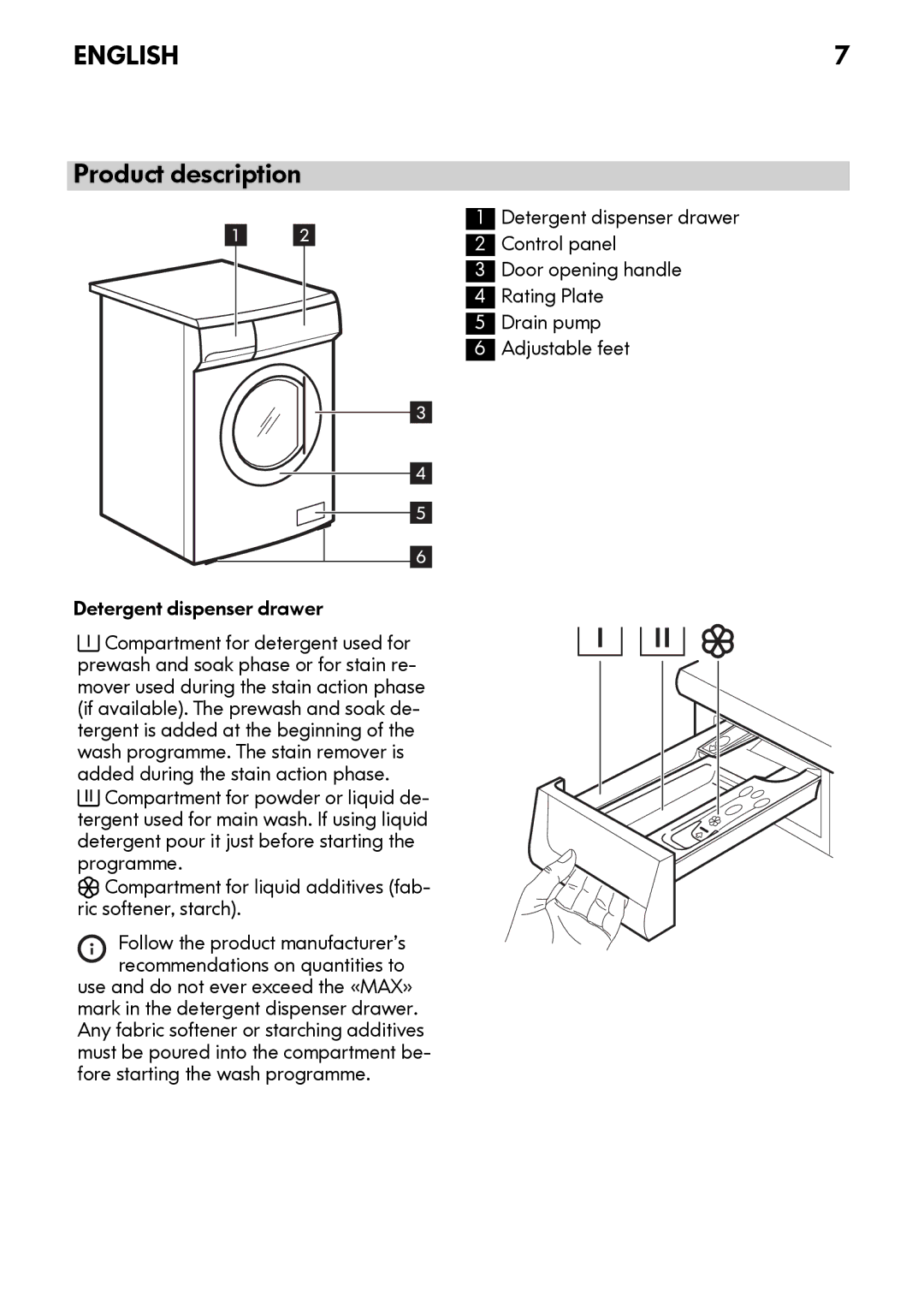 IKEA FWM7 manual Product description, Detergent dispenser drawer 