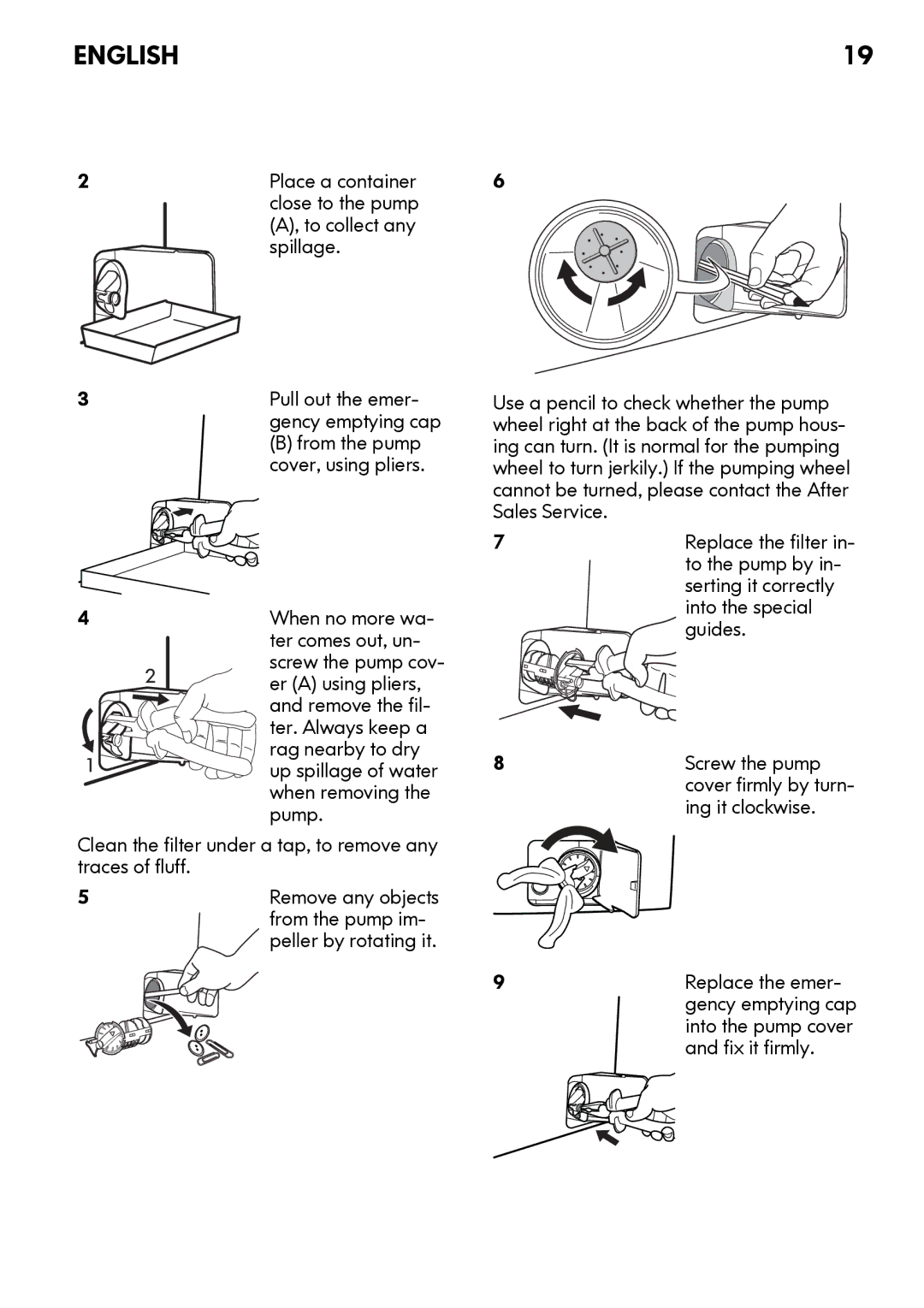 IKEA FWMND6 Spillage, Pull out the emer, From the pump, Cover, using pliers, To the pump by, Serting it correctly, Guides 