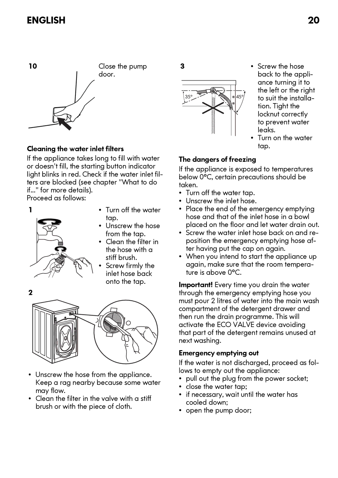 IKEA FWMND6 Door, Tap, From the tap, Clean the filter, Hose with a, Stiff brush, Screw firmly, Inlet hose back, Leaks 