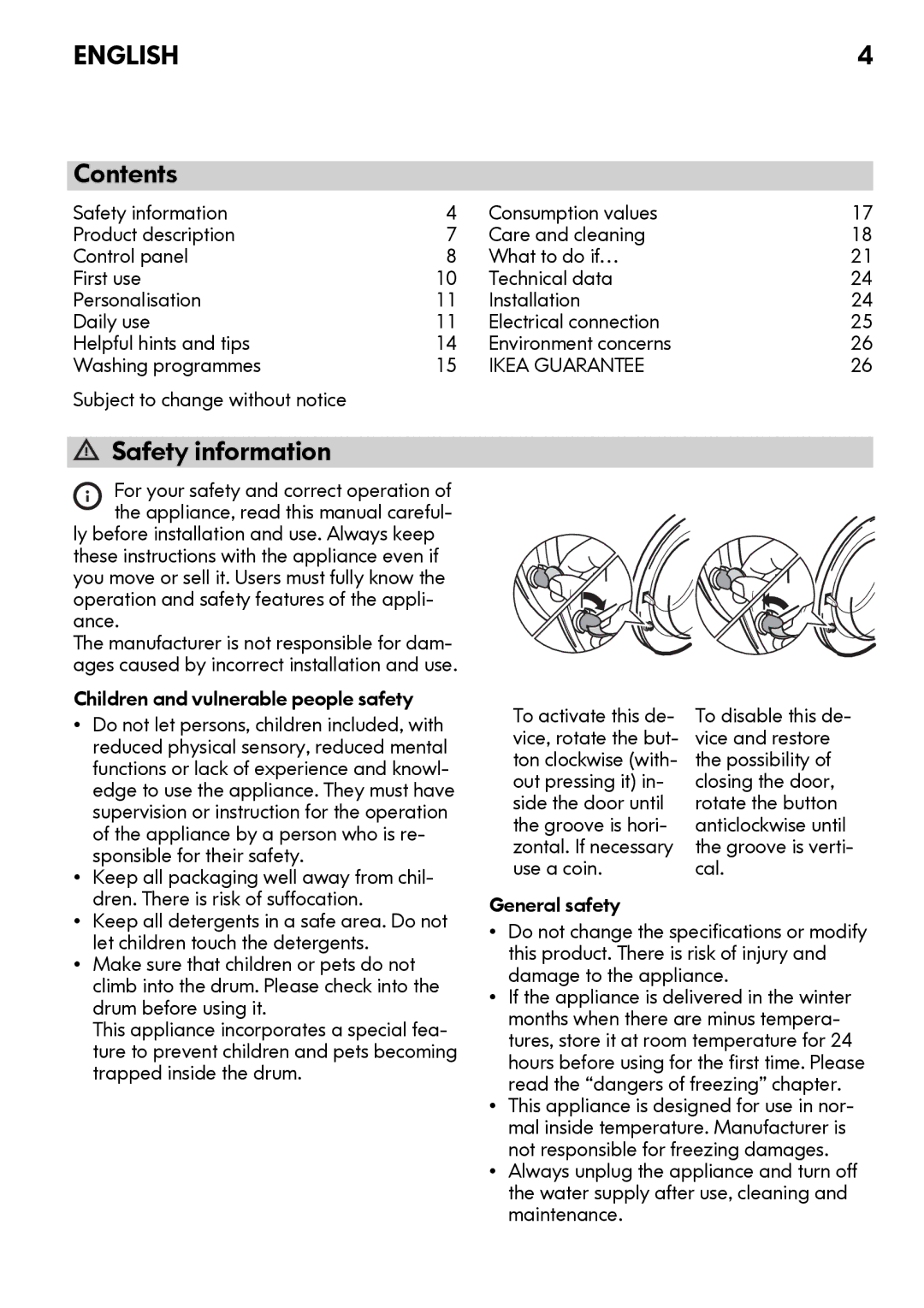 IKEA FWMND6 manual Contents, Safety information 