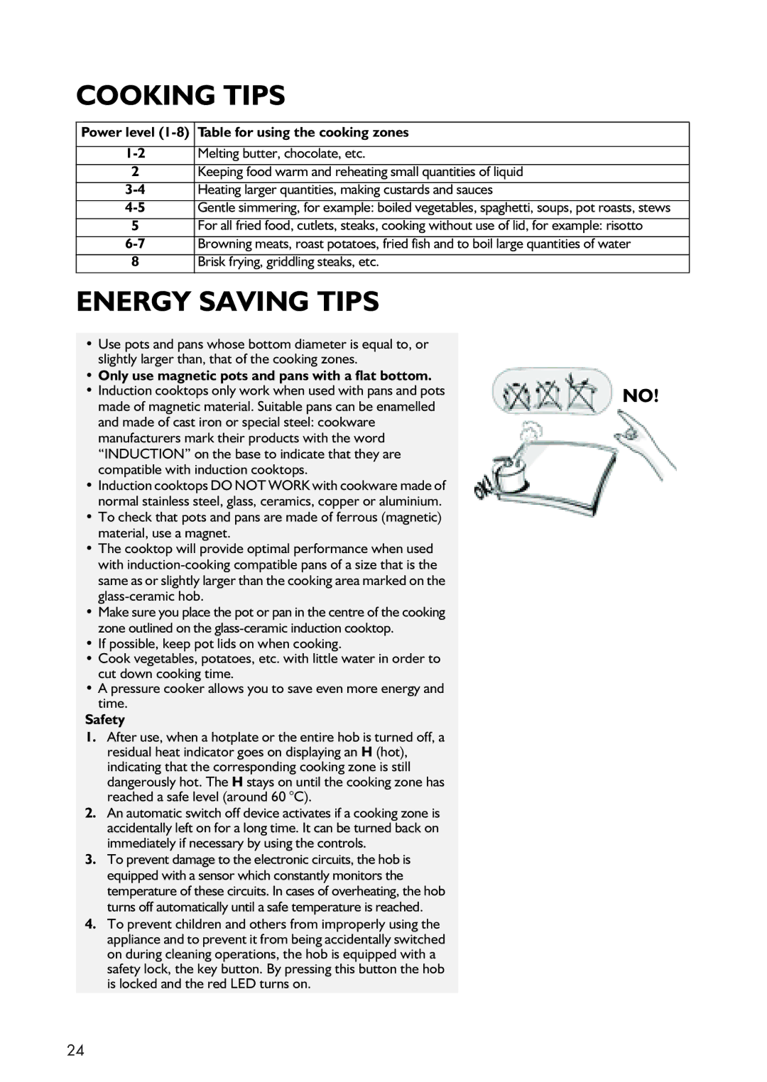 IKEA HIN1T manual Cooking Tips, Energy Saving Tips, Table for using the cooking zones, Safety 