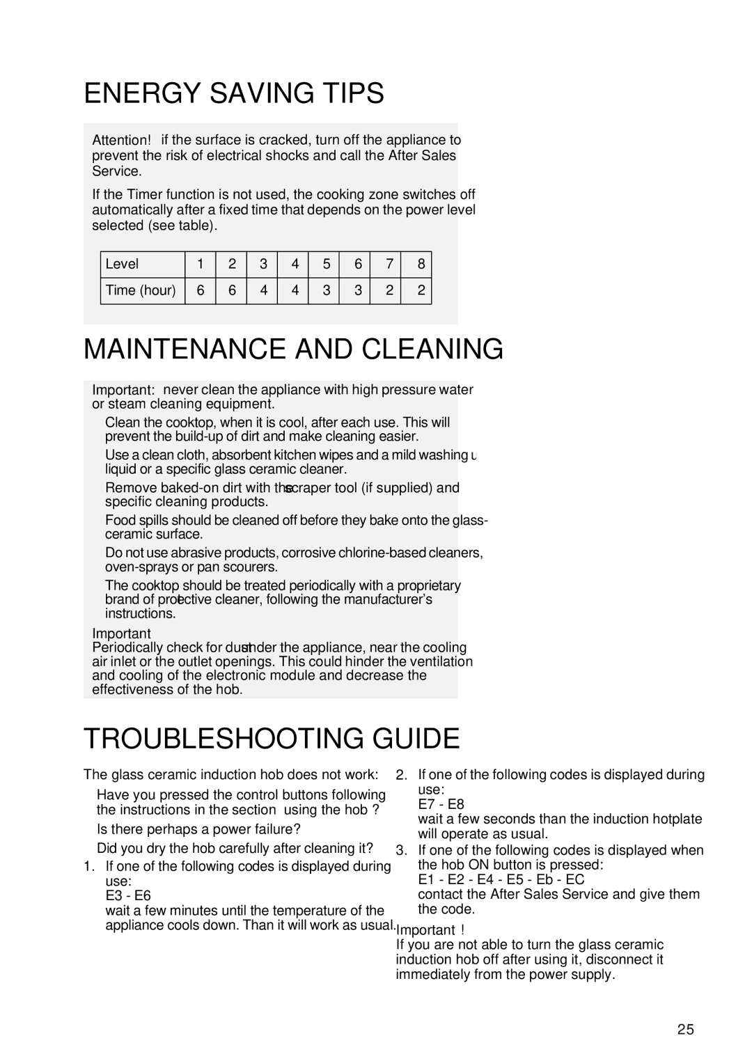 IKEA HIN1T manual Maintenance and Cleaning, Troubleshooting Guide, E3 E6, E7 E8, E1 E2 E4 E5 Eb EC 