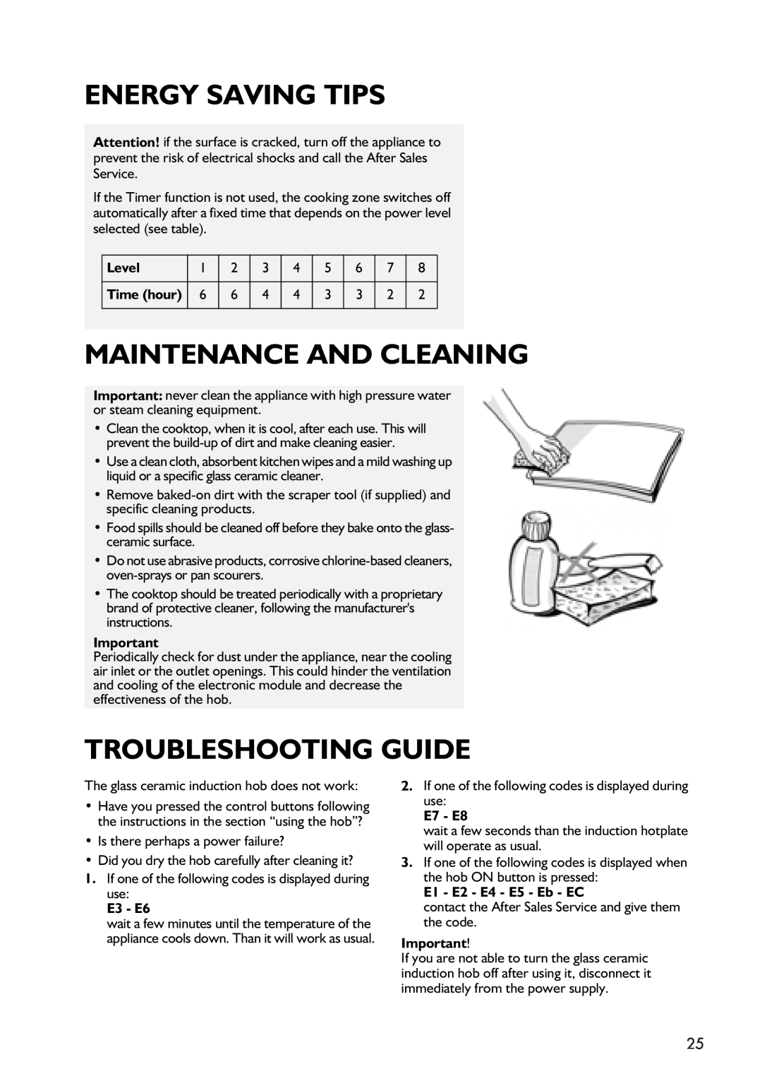IKEA HIN1T manual Energy Saving Tips, Maintenance And Cleaning, Troubleshooting Guide, E3 - E6, E7 - E8 