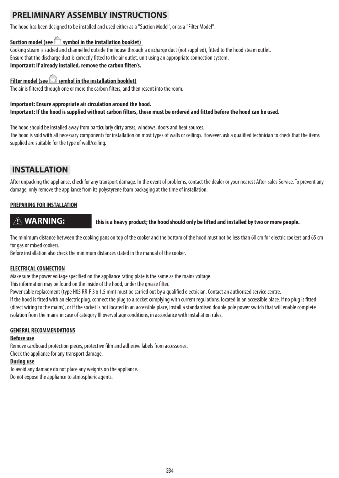 IKEA HW320 manual Preliminary Assembly Instructions, Preparing for Installation, Electrical Connection 