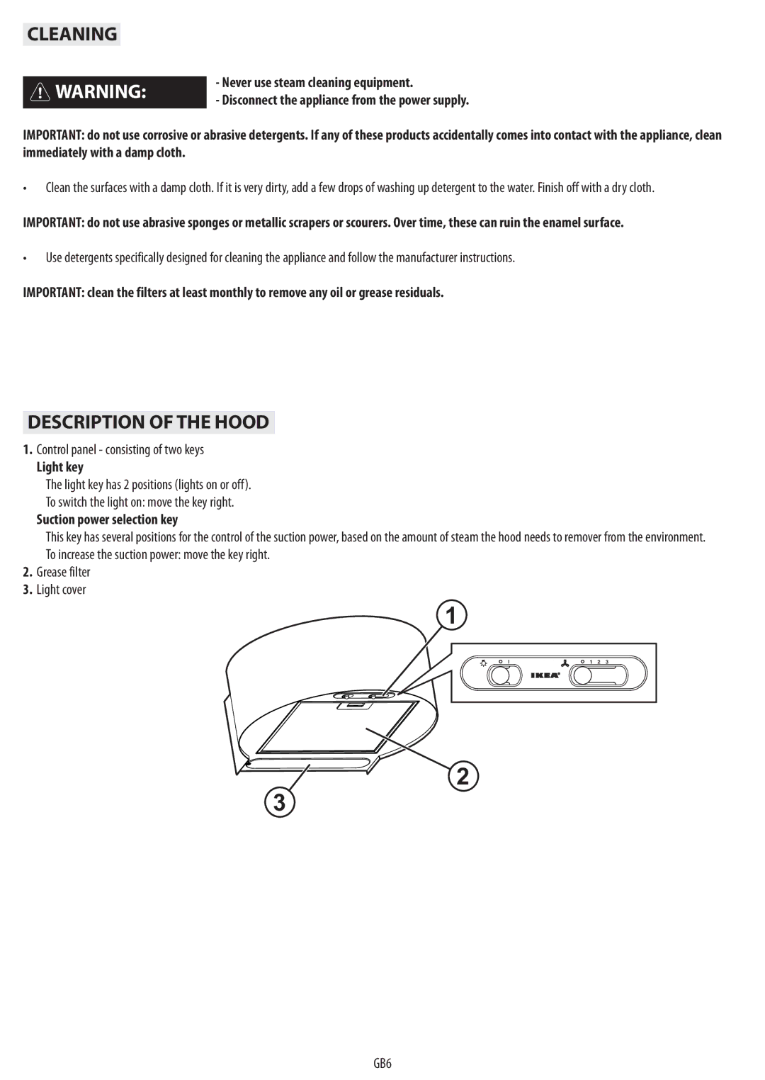 IKEA HW320 manual Cleaning, Description of the Hood, Light key, Suction power selection key 