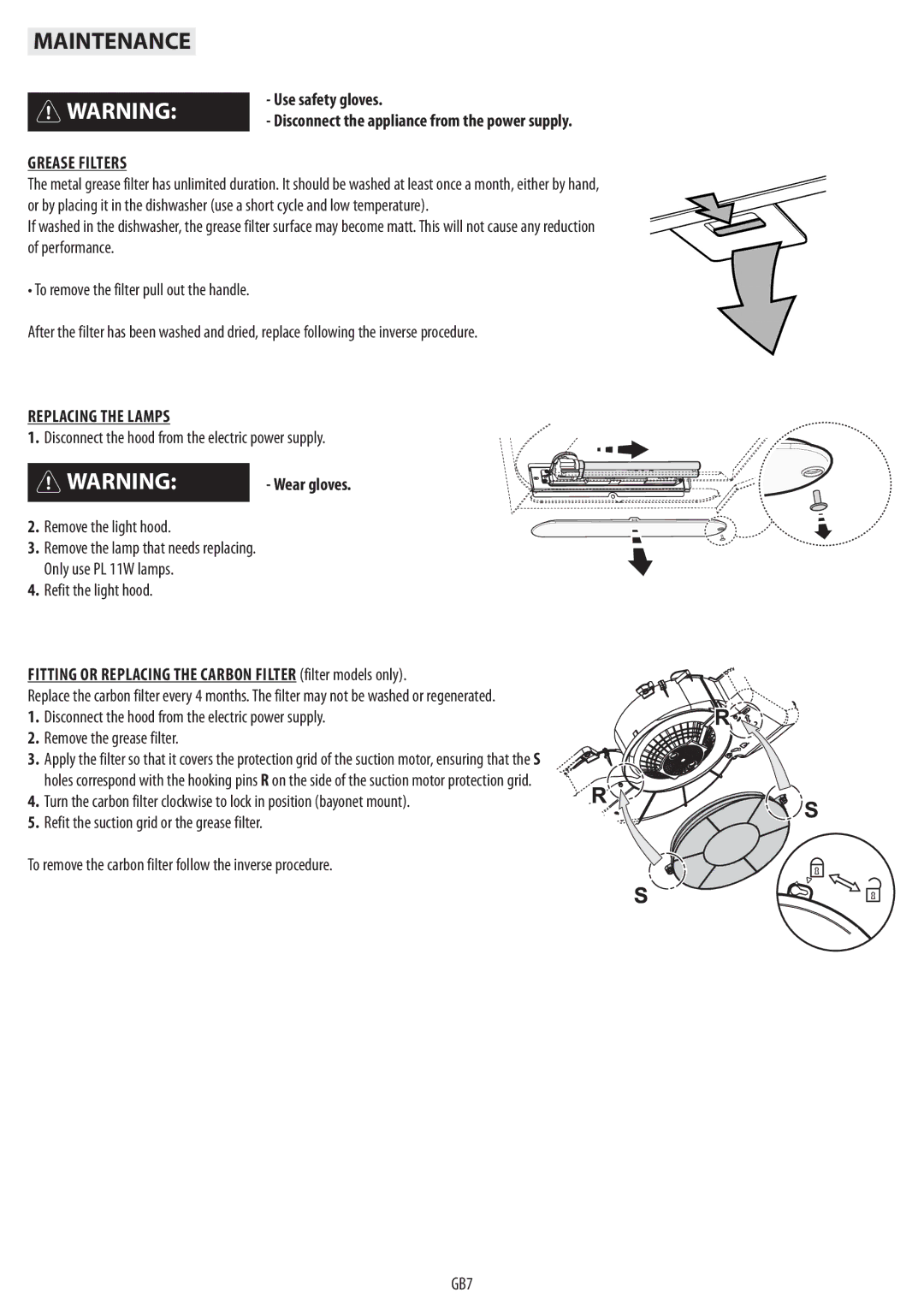 IKEA HW320 Maintenance, Grease Filters, Replacing the Lamps, Fitting or Replacing the Carbon Filter filter models only 