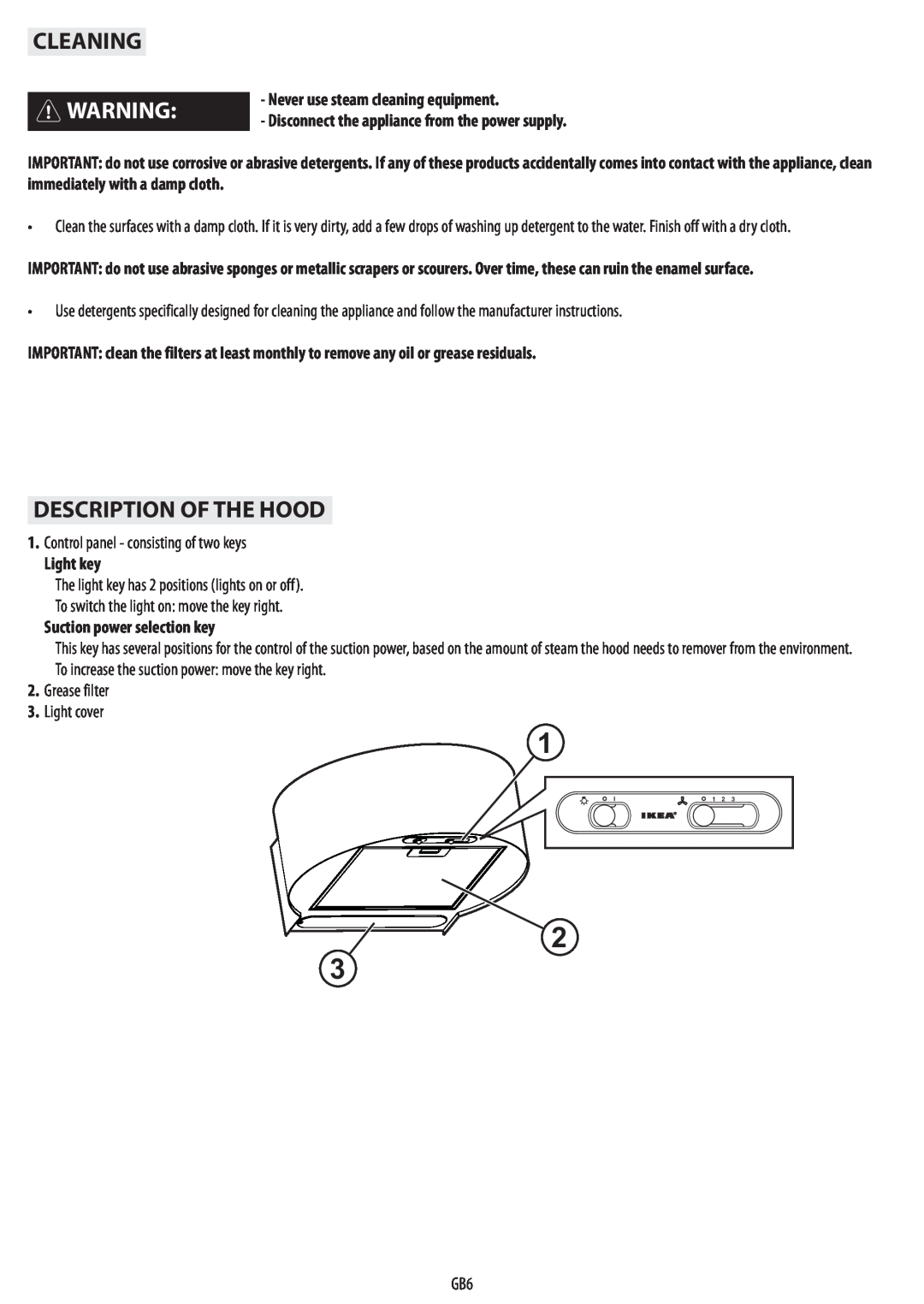 IKEA HW320 Cleaning, Description Of The Hood, Never use steam cleaning equipment, Light key, Suction power selection key 
