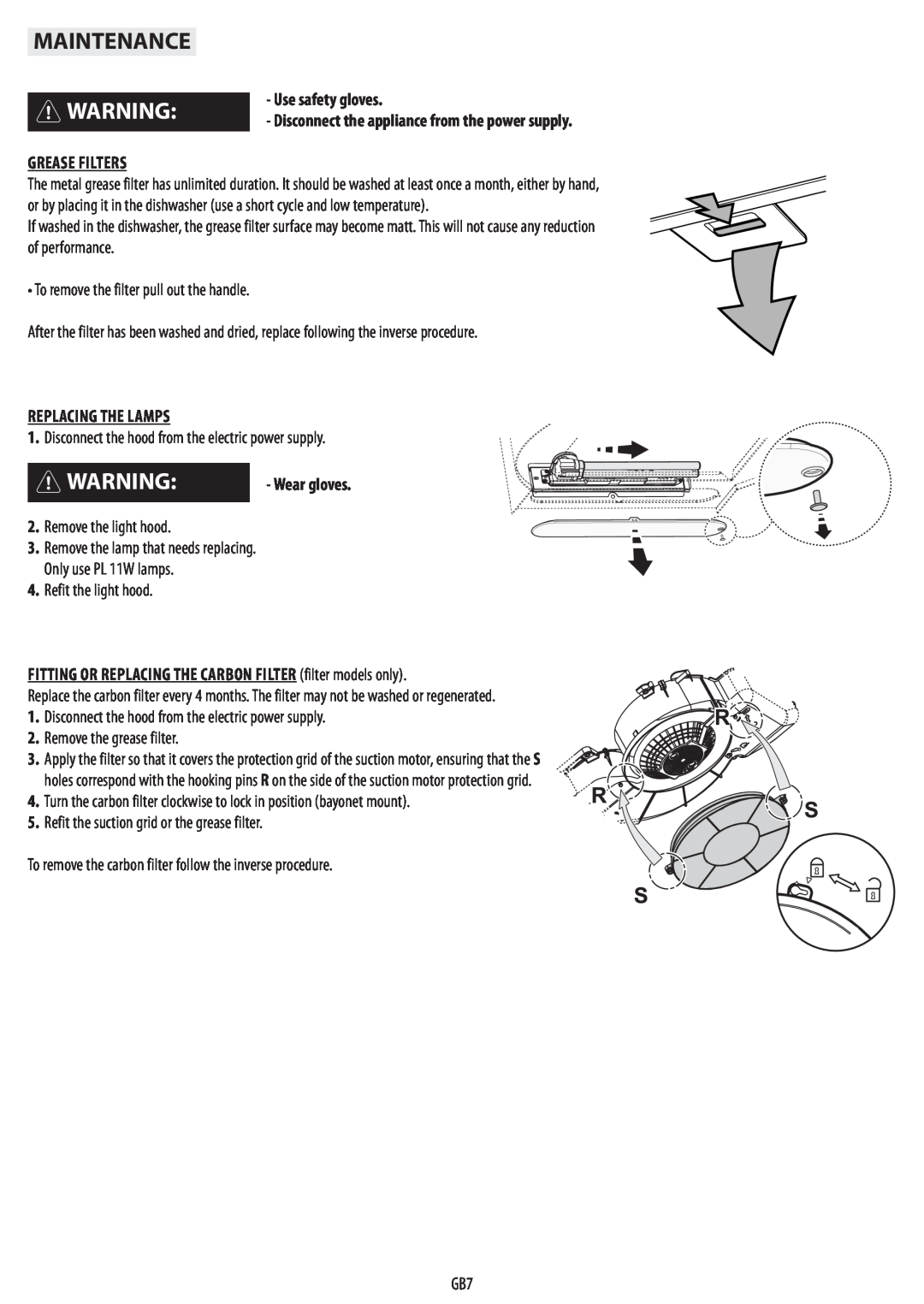 IKEA HW320 manual Maintenance, Use safety gloves Disconnect the appliance from the power supply, Grease Filters 