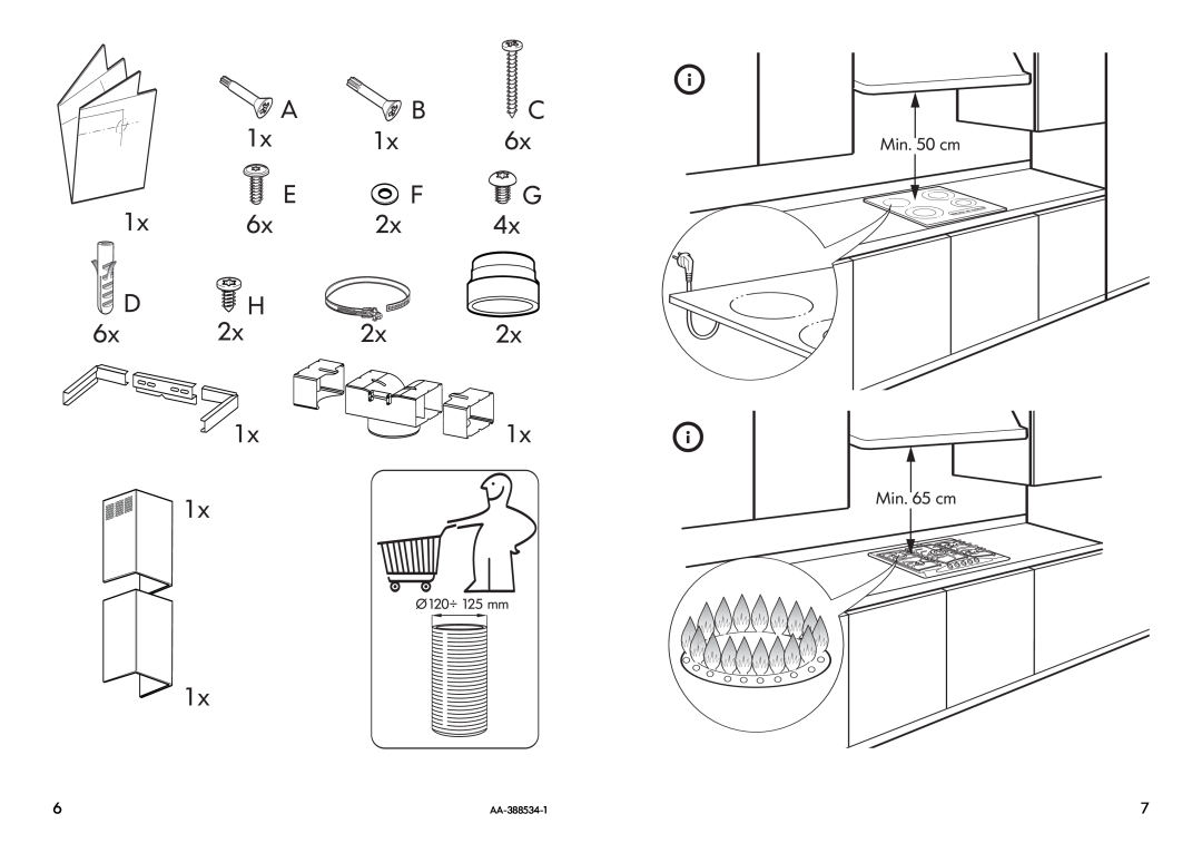 IKEA HW570 manual 6x D, 2x H, 1x, Min. 50 cm, Min. 65 cm, Ø120÷ 125mm 