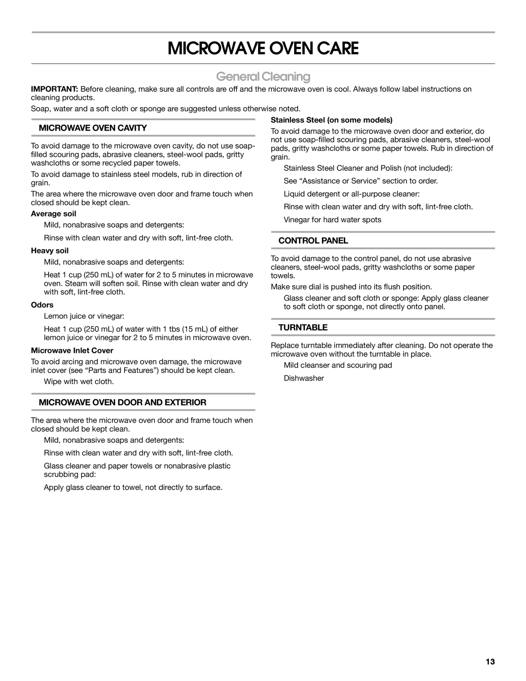 IKEA IBMS1455 manual Microwave Oven Care, General Cleaning 