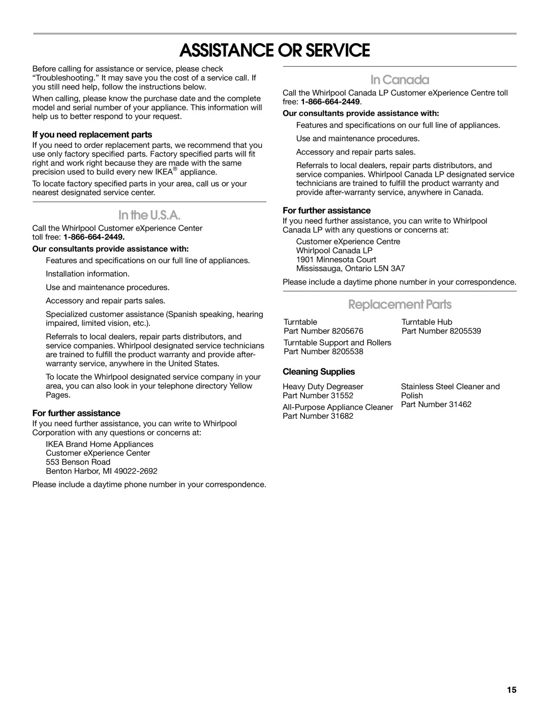 IKEA IBMS1455 manual Assistance or Service, Canada, U.S.A, Replacement Parts 