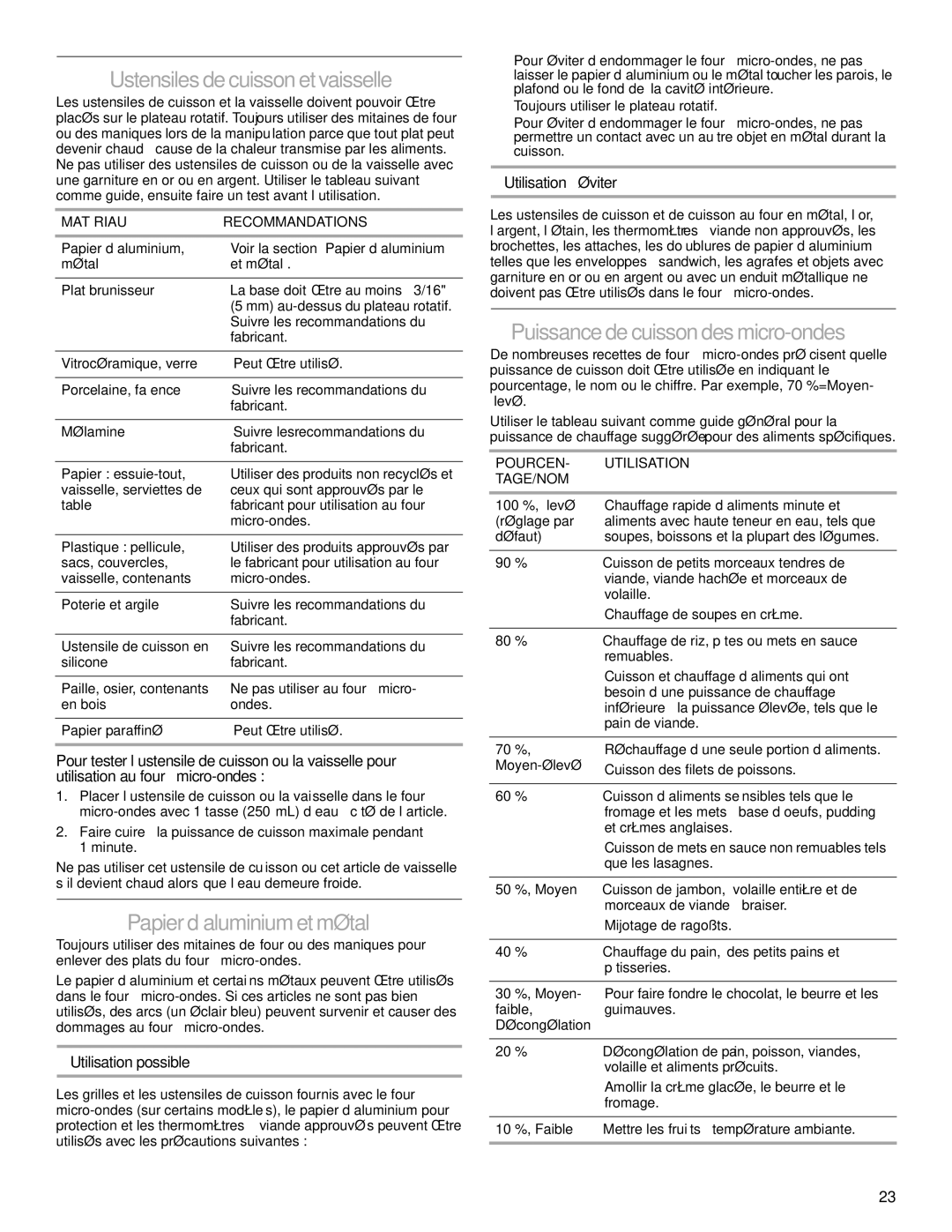 IKEA IBMS1455 manual Ustensiles de cuisson et vaisselle, Papier d’aluminium et métal, Puissance de cuisson des micro-ondes 