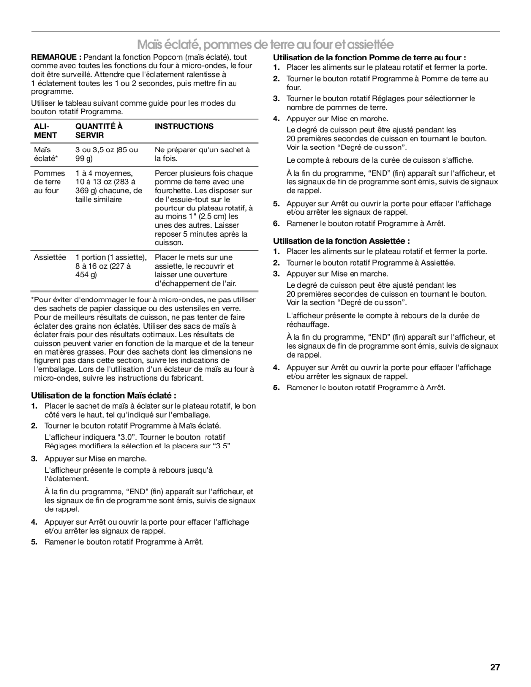 IKEA IBMS1455 manual Maïs éclaté, pommes de terre au four et assiettée, Utilisation de la fonction Maïs éclaté 