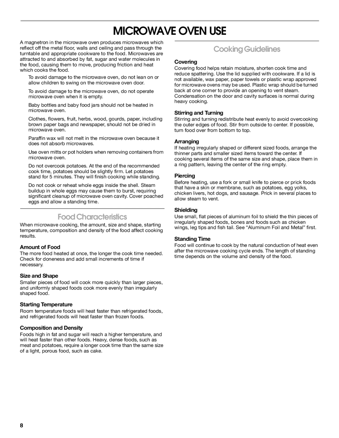 IKEA IBMS1455 manual Microwave Oven USE, Food Characteristics, Cooking Guidelines 