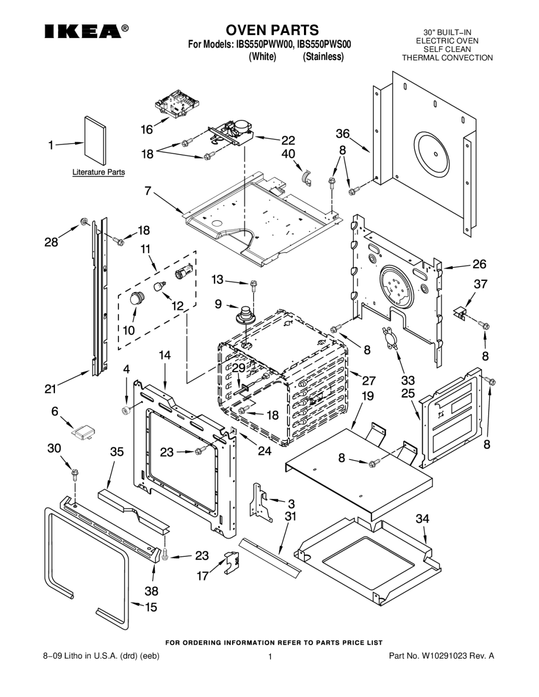 IKEA IBS550PWS00, IBS550PWW00 manual Oven Parts, White Stainless 