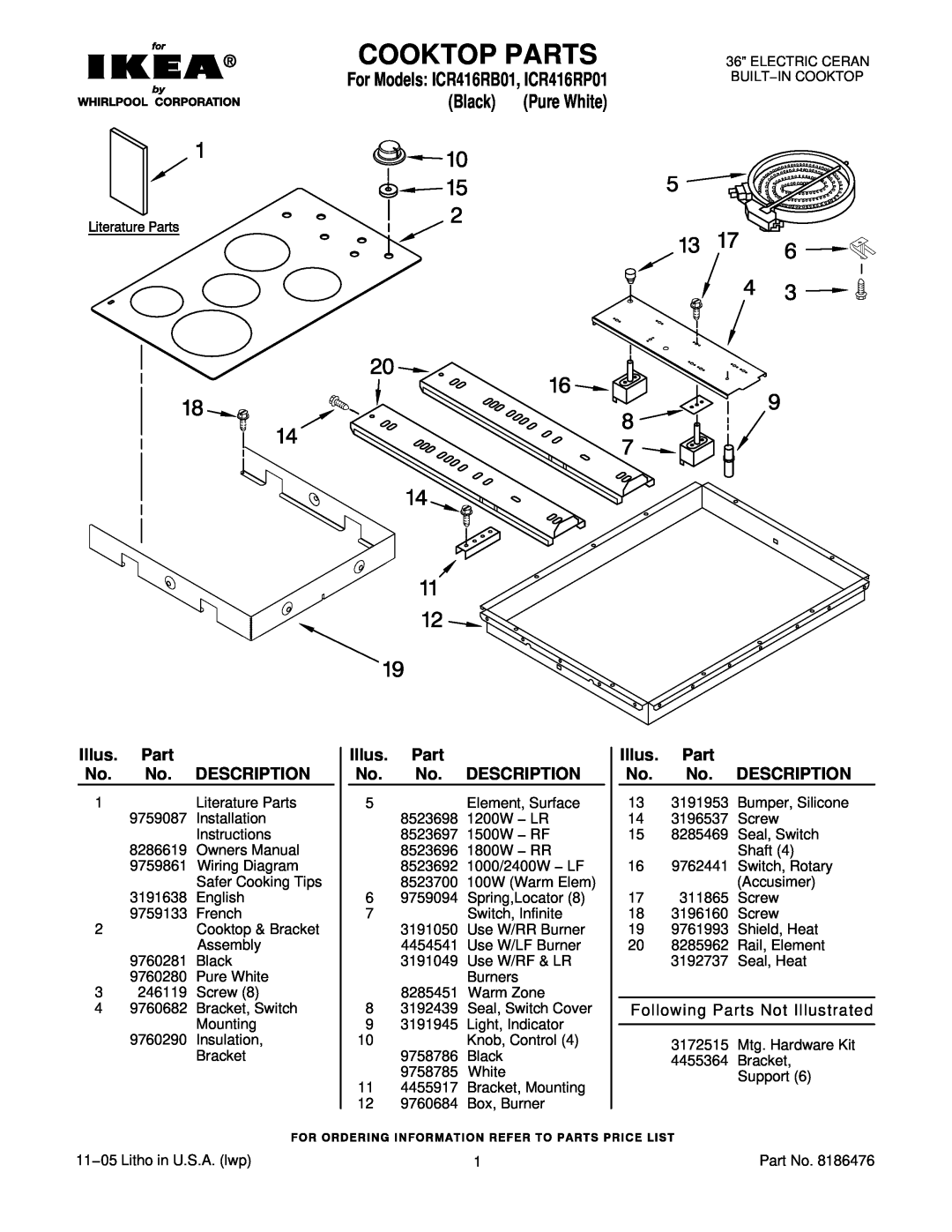 IKEA installation instructions Cooktop Parts, For Models ICR416RB01, ICR416RP01, Black, Illus. Part No. No. DESCRIPTION 