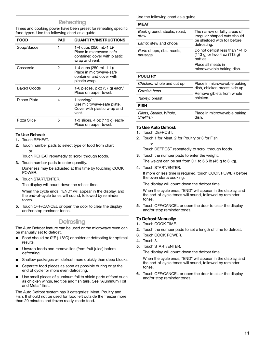 IKEA IMH15XR manual Reheating, Defrosting, To Use Reheat, To Use Auto Defrost, To Defrost Manually 