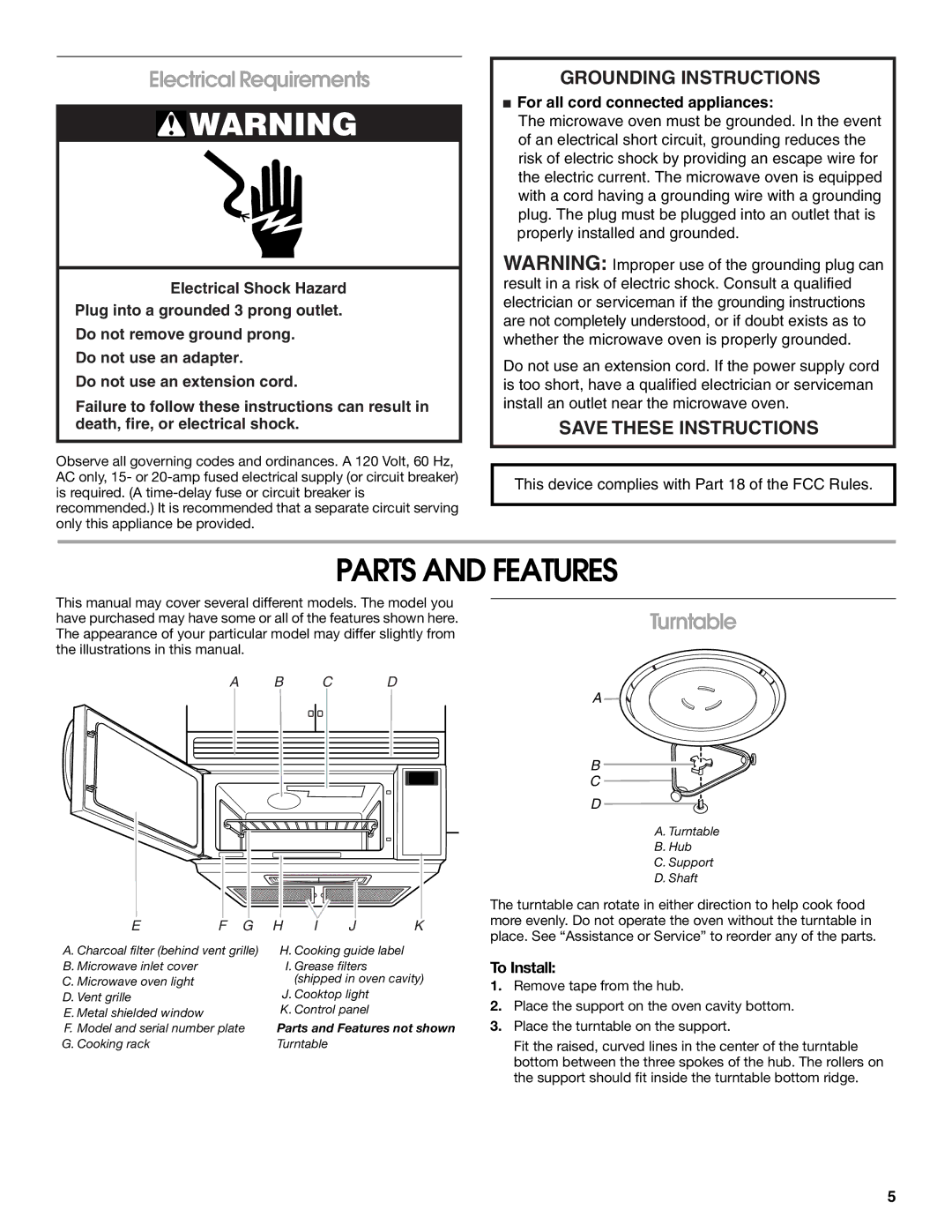 IKEA IMH15XR manual Parts and Features, Electrical Requirements, Turntable, To Install 