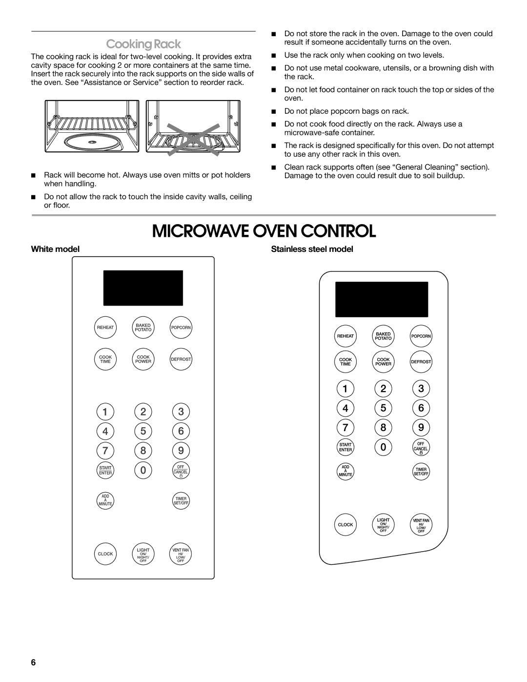 IKEA IMH15XR manual Microwave Oven Control, Cooking Rack, White model, Stainless steel model 