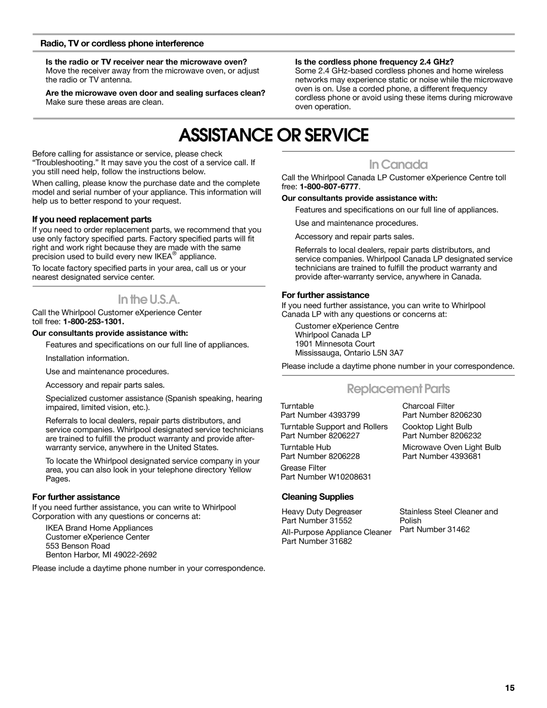 IKEA IMH15, IMH16 manual Assistance or Service, Canada, U.S.A, Replacement Parts 