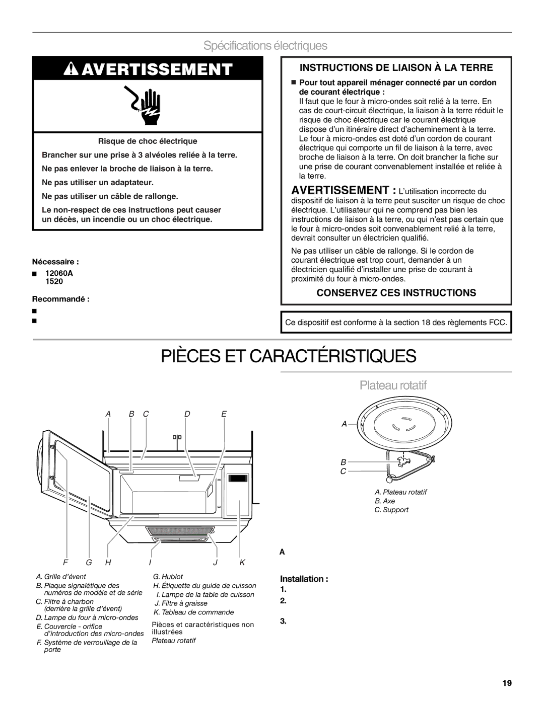 IKEA IMH15, IMH16 manual Pièces ET Caractéristiques, Spécifications électriques, Plateau rotatif, Installation 